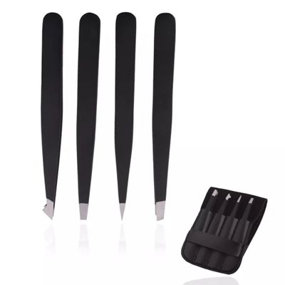 4-Piece Tweezers Set Stainless Steel with Slant Pointed Flat Angled Tips for Hair Removal and Grooming with Travel Case