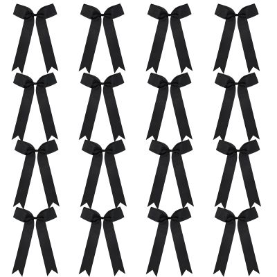 16 Pcs Long Tail Skinny Cheer Hair Bows Elastic Bands Handmade Grosgrain Ribbon Cheerleading Bows Collegiate Ponytail Holder For Girls Cheerleaders School College Sports (Long Black)