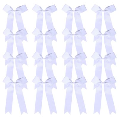 16 Pcs Long Tail Skinny Cheer Hair Bows Elastic Bands Handmade Grosgrain Ribbon Cheerleading Bows Collegiate Ponytail Holder For Girls Cheerleaders School College Sports (Long White)