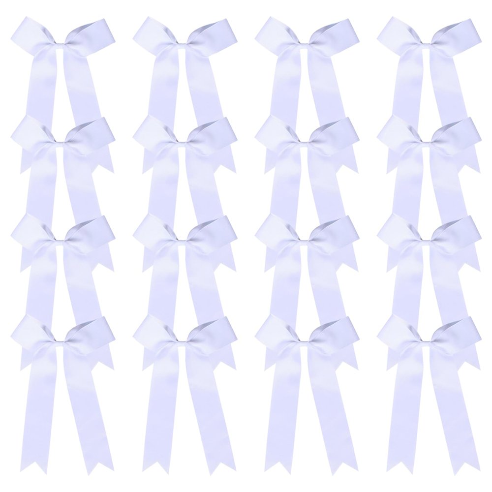 16 Pcs Long Tail Skinny Cheer Hair Bows Elastic Bands Handmade Grosgrain Ribbon Cheerleading Bows Collegiate Ponytail Holder For Girls Cheerleaders School College Sports (Long White)