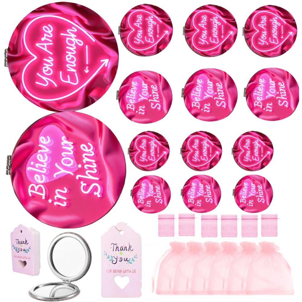 12 Pack You are Enough Compact Mirrors Bulk - Inspirational Gift Set for Women, Teens, Teachers with Pink Organza Bags & CardsBulk Gifts