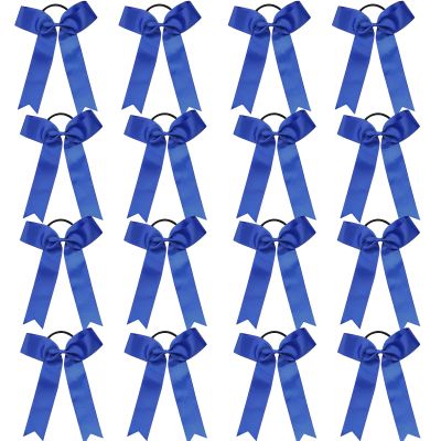16 Pcs Long Tail Skinny Cheer Hair Bows Elastic Bands Handmade Grosgrain Ribbon Cheerleading Bows Collegiate Ponytail Holder For Girls Cheerleaders School College Sports (Long Blue)