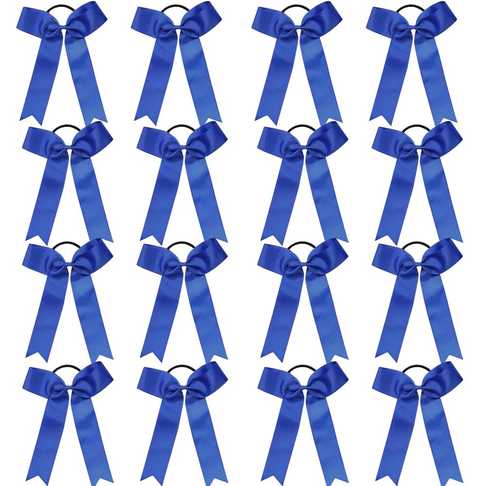 16 Pcs Long Tail Skinny Cheer Hair Bows Elastic Bands Handmade Grosgrain Ribbon Cheerleading Bows Collegiate Ponytail Holder For Girls Cheerleaders School College Sports (Long Blue)