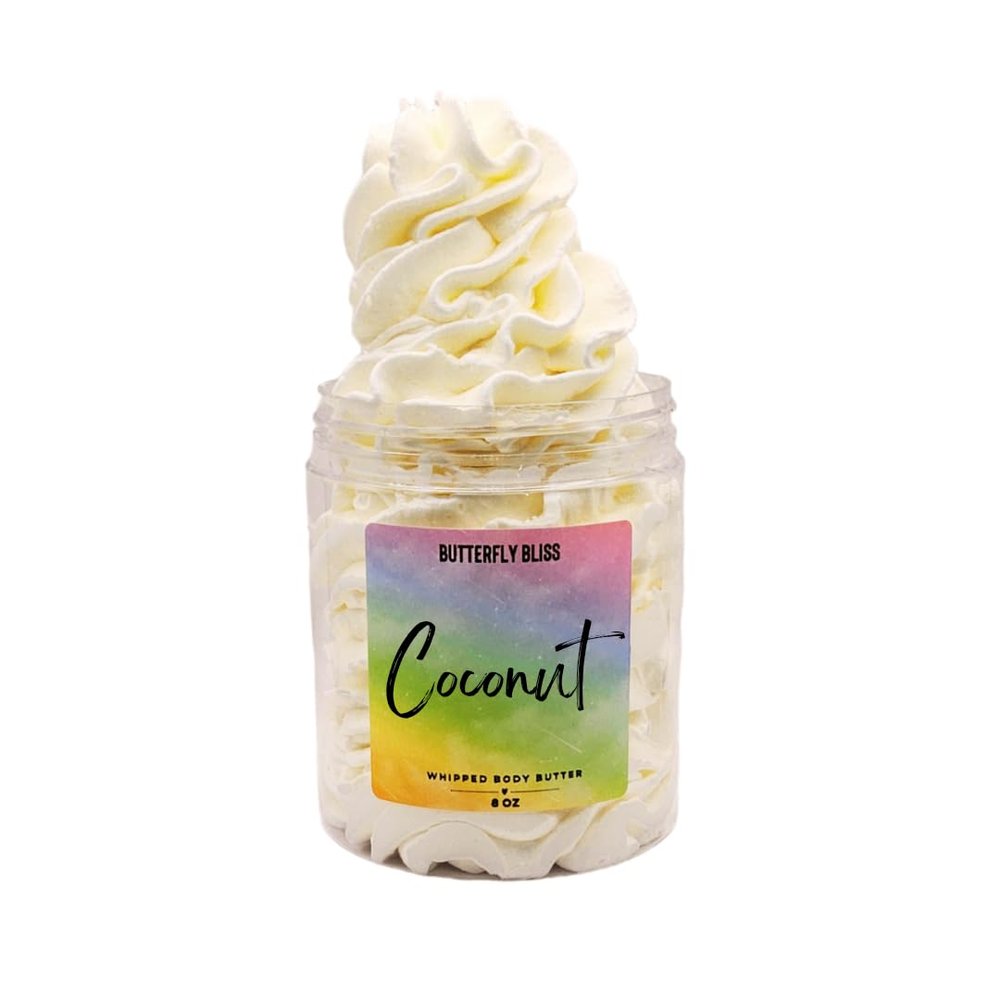 Coconut Whipped Body Butter Tropical Beach Scented Moisturizer Shea, Mango & Coconut Oil Cream Vegan, Paraben-Free Skincare for Dry Skin 8 oz Jar