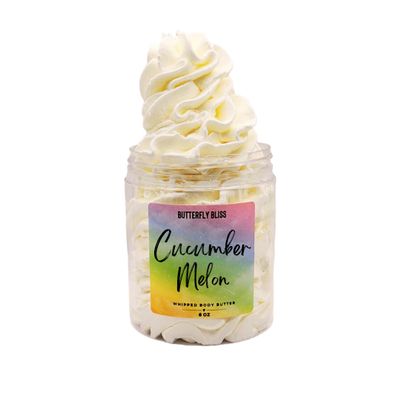 Cucumber Melon Whipped Body Butter Refreshing Fruity Scent Shea, Mango & Coconut Oil Cream Vegan, Paraben-Free Moisturizer for Dry Skin 8 oz Jar