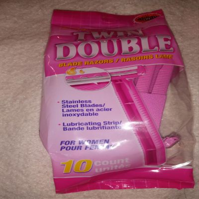 Twin Double Women's Razor, Stainless Steel Blades with Lubricating Strip, Pink, 10 Count