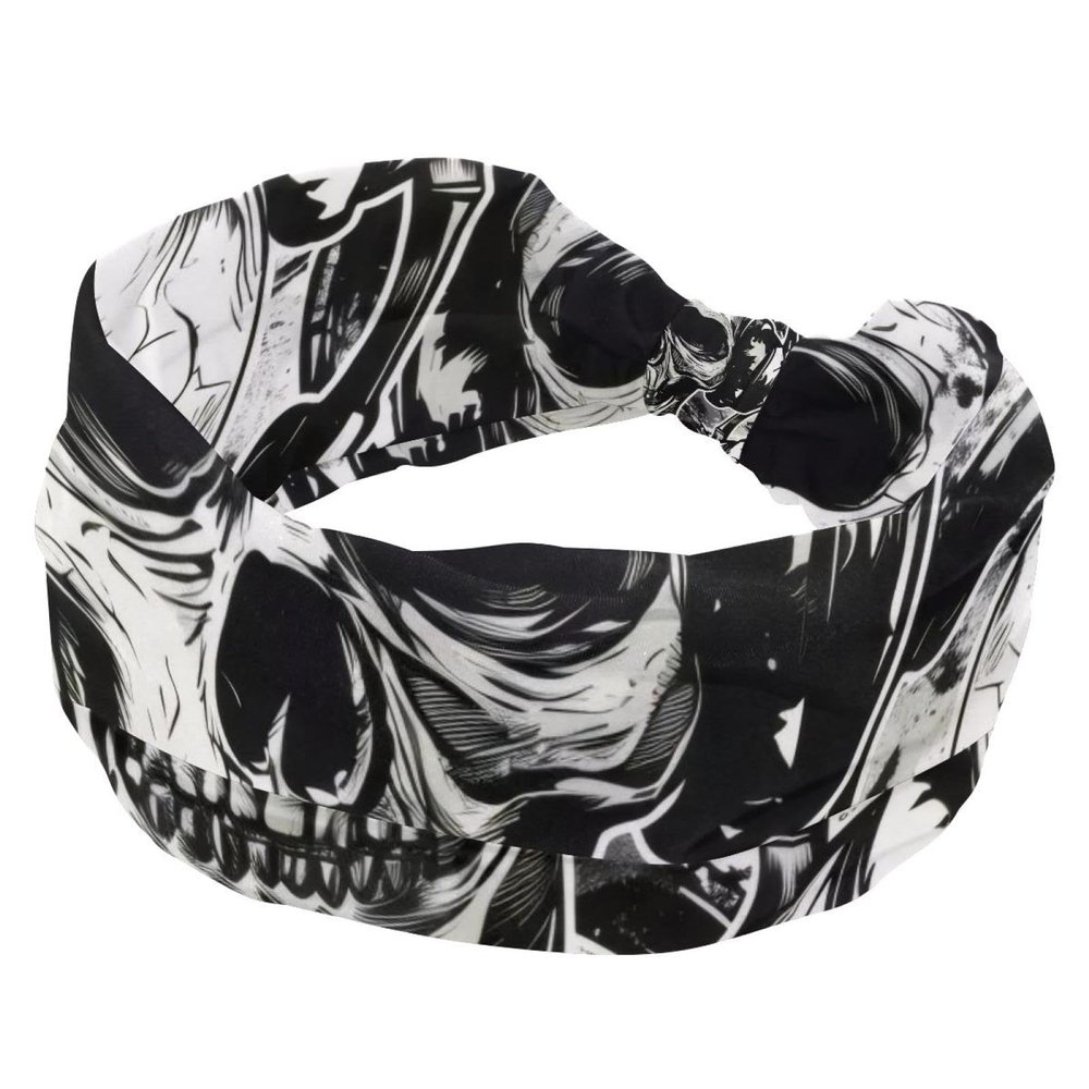 JAVENPROEQT Wide Headbands for Women, Stretchy Thick Turban Non-Slip Accessories Bands for Workout Skincare Daily Use - Cool Skull in Earphones