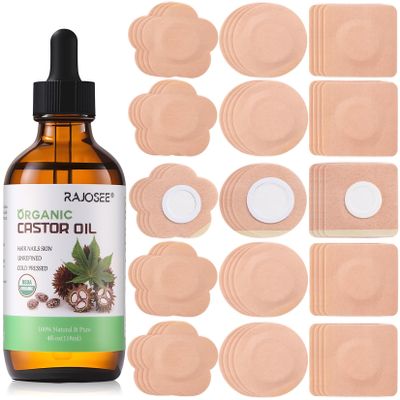 Castor Oil Belly Button Patch Set  60pcs Castor Oil Patches in 3 Shapes with 4oz Organic Cold-Pressed Castor Oil Glass Bottle  Disposable, Leakproof, Skin-Friendly Castor Oil Pack Wrap