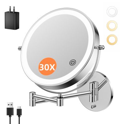 30X/1X Wall Mounted Lighted Makeup Mirror, 10'' Double Sided 4500mAh Rechargeable Magnifying Bathroom Mirror with Light, 3 Color Modes Touch Dimmable Extended Arm 360 Rotation with Adapter,Chrome