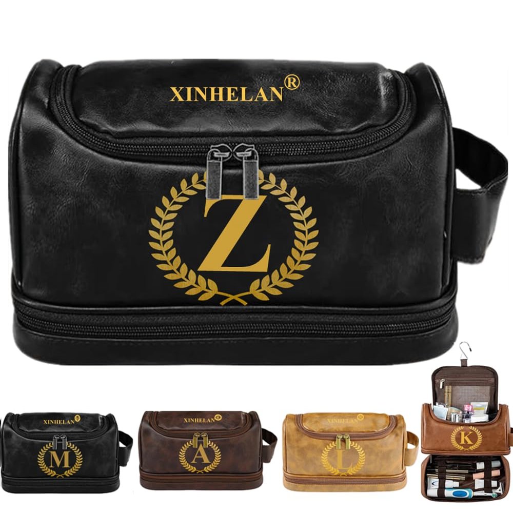 Personalized Hand Crafted Leather Toiletry Bag for Men, Customized Makeup Bag Comestic Bag for Women,Shaving Bag Travel Pouch with 26 Initials Engraved Monogrammed Leather Dopp Kit (Black, Z)