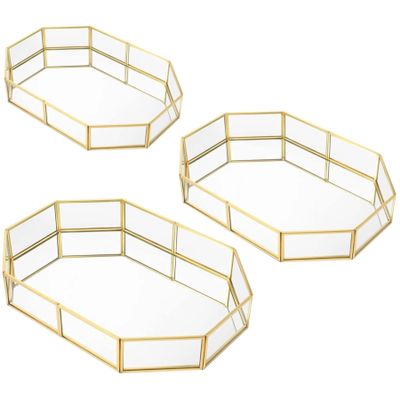 LUMINFLY Gold Mirror Tray Set, 3 Geometric Octagon Shaped Trays with Glass & Metal Frame for Bedroom & Bathroom Organization