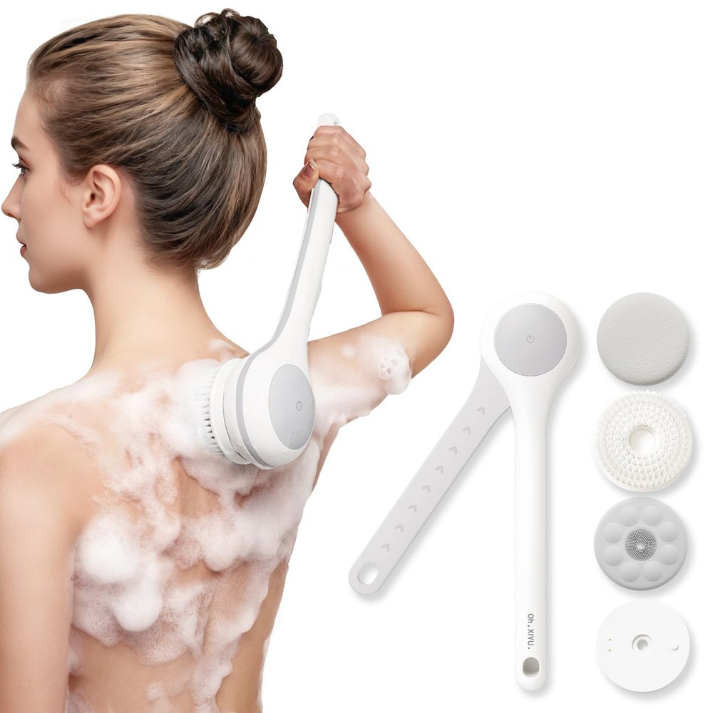Electric Body Brush Back Scrubber for Shower, Waterproof Long Dual Handle Power Body Scrubber with 3 Heads, Rechargeable Bath Brush & 2 Speeds, for Cleansing, Exfoliating and Massaging Skin