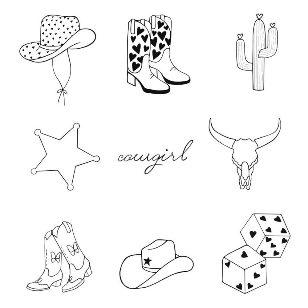 1 sheet, 9 unique tattoos. Pages are 5 x 5, Tattoos range in size from 1 - 2 Minimalist themed temporary tattoos.