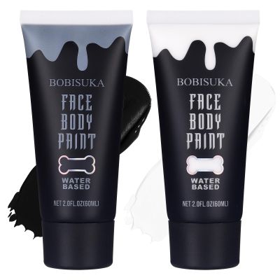 BOBISUKA Black and White Face Body Paint Kit, Water Based Face Painting for Halloween Clown Skeleton Joker Zombie Mime Sugar Skull Makeup for Women Adults, Non-Toxic Washable