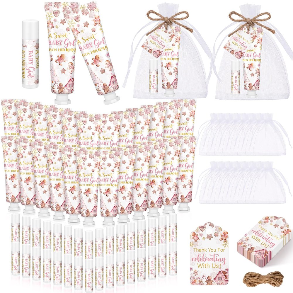 Dansib 24 Sets Christmas Gingerbread Baby Shower Hand Cream and Lip Balm Gift Christmas Baby Shower Party Favors Travel Size Hand Lotion and Lip Balm Bulk Wedding Bridal Party Supplies for Guest