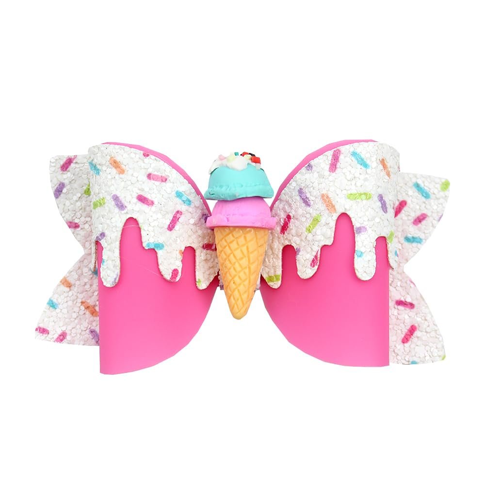10pcs Ice Cream Hair Bow, Pink Glitter Sprinkles hair clips, 3.3 x 1.9 inches leather hair bows for girls Birthday Hair Accessories for kids