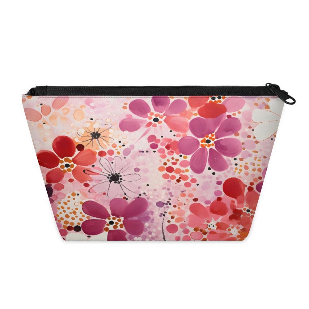 KOBLEN Dotted Flower Art Small Cosmetic Bag for Women, Waterproof Makeup Bag with 2 Inner Mesh Pockets, Portable Travel Toiletry Bag for Business, Family Trips, Camping, Beach