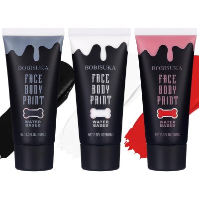 BOBISUKA Black + White + Red Face Body Paint Kit, Water Based Face Painting for Halloween Clown Skeleton Joker Zombie Mime Sugar Skull Makeup for Women Adults, Non-Toxic Washable