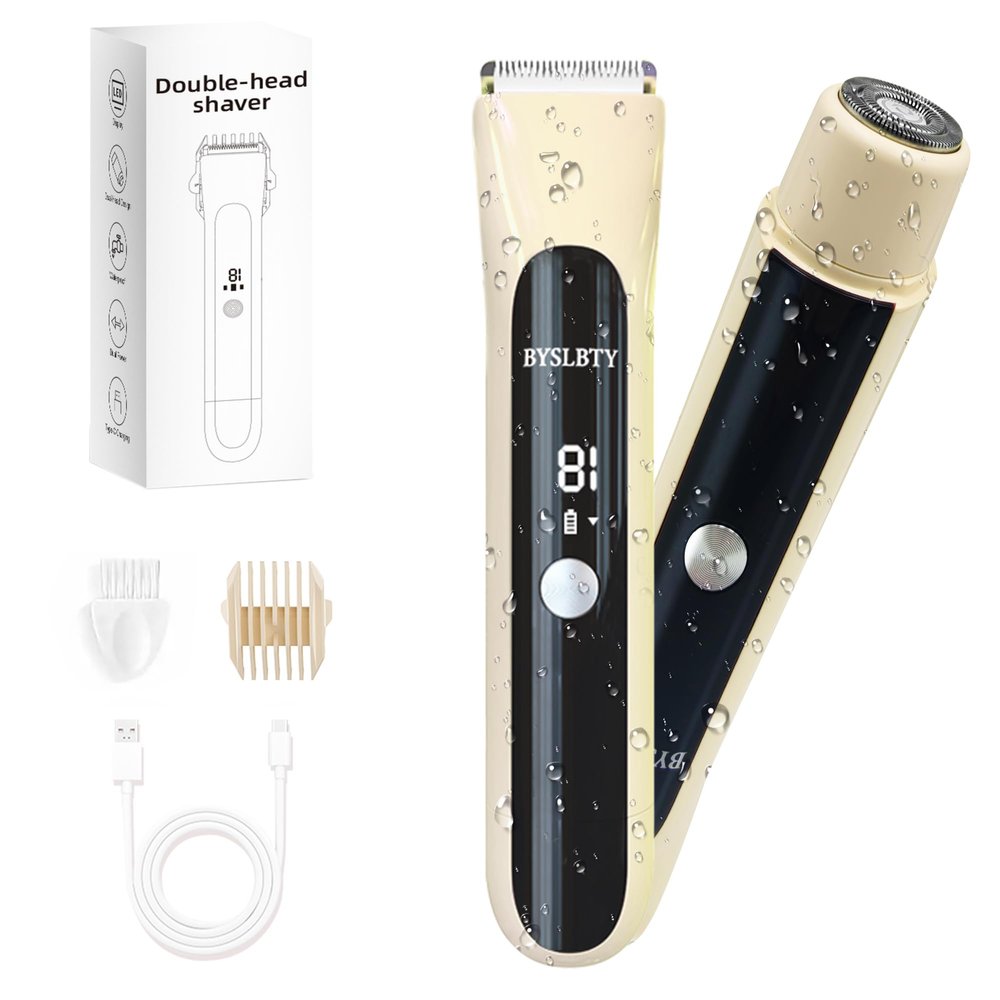 2 in 1 Bikini Trimmer for Women Dual Head Electric Shaver with LED Display,IPX7 Waterproof Wet & Dry, Painless Shaver for Underarm Leg Arm Body Face Private Area Khaki