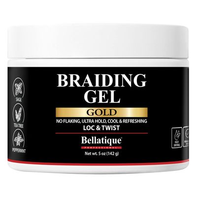 BELLATIQUE GOLD Braiding Gel Maximum Hold for LOC & Twist - No Flaking, No Whitening, Fast Drying, High Shine, Cool & Refreshing, Long Lasting Hold (5 oz)