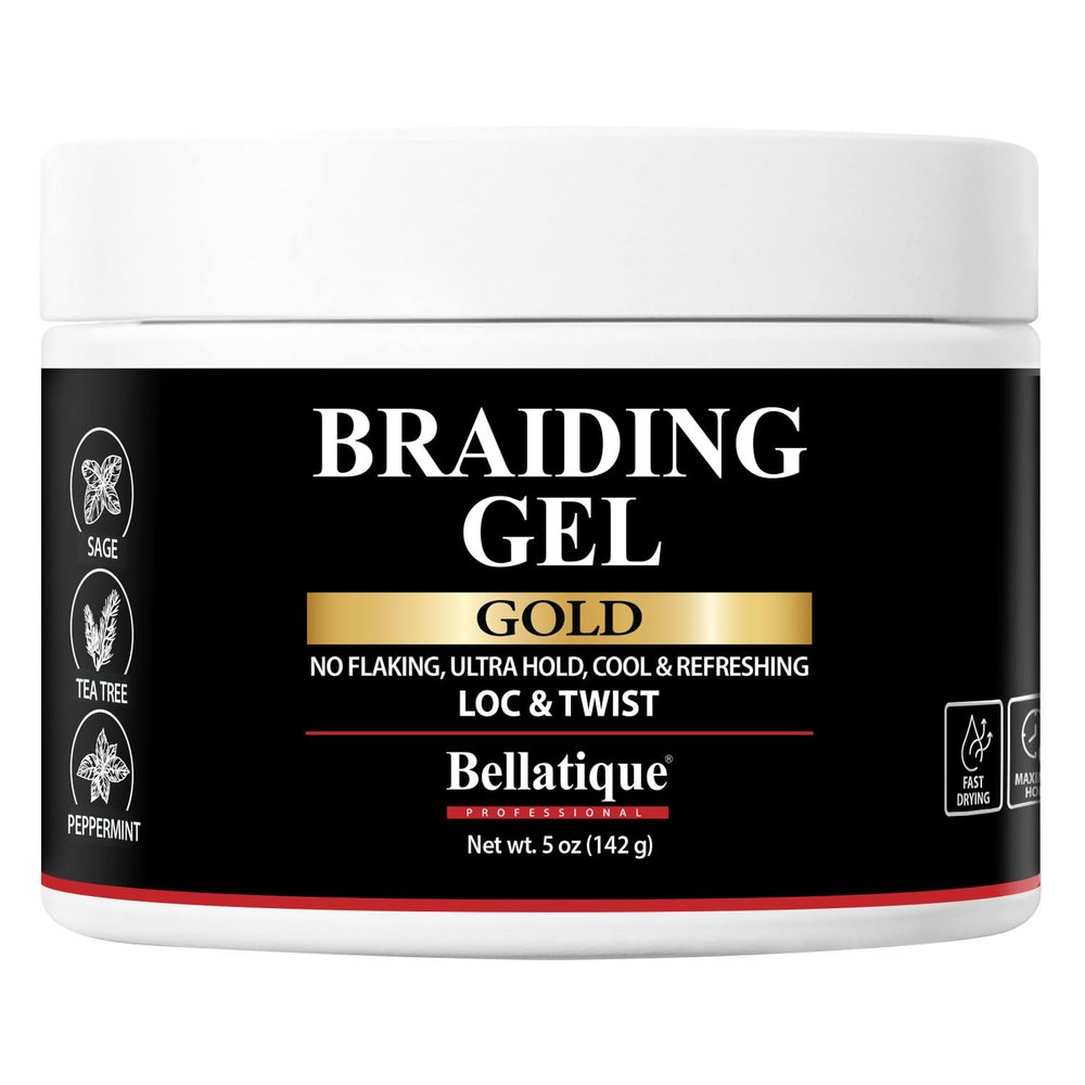 BELLATIQUE GOLD Braiding Gel Maximum Hold for LOC & Twist - No Flaking, No Whitening, Fast Drying, High Shine, Cool & Refreshing, Long Lasting Hold (5 oz)