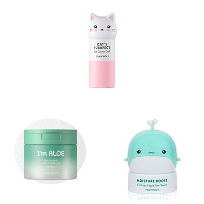 TONYMOLY Eye Refresh & Calm Pack - Cat's Purrfect Eye Contour Stick, Illuminates Tired Puffy Skin, 9g + I'm Aloe Skin Calming Instant Mask Pads, 80 sheets + Moisture Boost Cooling Algae Eye Serum, 15g