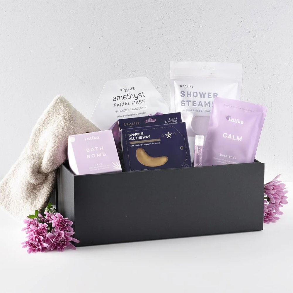 Vienna Lavender Self-Care Spa Gift Set, 7-Piece Relaxation Kit with Bath Essentials, Black Gift Box