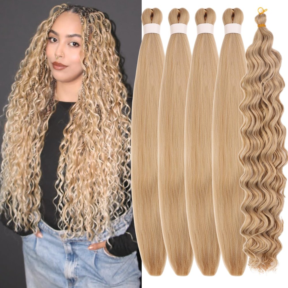 Ash Honey Blonde Braiding Hair with Big Boho Curls Pre Stretched Hypoallergeic Colored 27/60/613 Boho Hair for Braiding Knotless Synthetic Curly Crochet Bohomian Braids Non Toxic