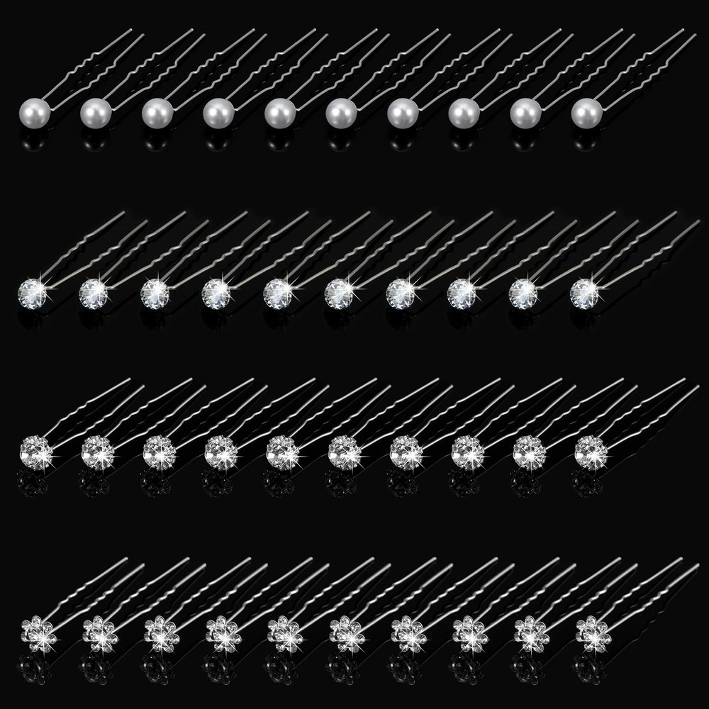 40 Pack Wedding Pearl Hair Pins Rhinestone Hair Accessories for Bridal Wedding, Crystal Pearl Hair Clips Accessories for Brides Bridesmaids Women Girls (Silver)