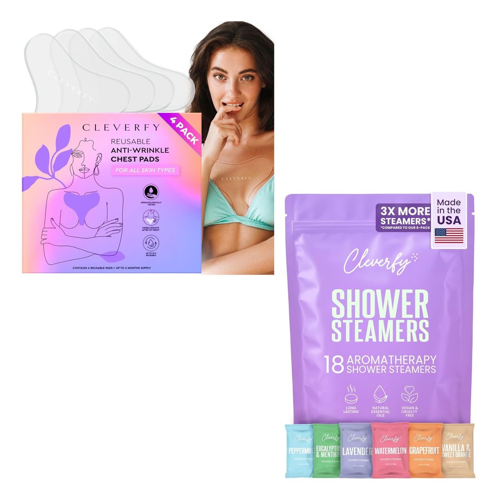 CLEVERFY Ultimate Self-Care Bundle - 4pack Silicone Chest Wrinkle Pads & 18 Shower Steamers