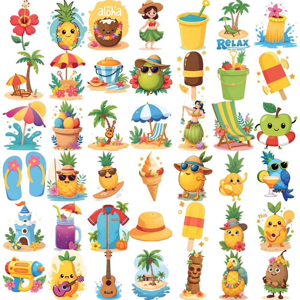 Neptniopllab 63 Pieces Hawaiian Luau Themed Tattoos, Self-Adhesive Summber Beach Plam Trees Flower Tattoos Stickers Waterproof Tropical Party Decoration Supplies for Women Girls Boys