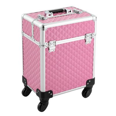 Unnsiapit Rolling Makeup Train Case, L13.4*W9.5*H16.2in Lockable Cosmetic Organizer Box Nail Cart on Wheels, Professional Travel Case with 5 Compartments for Hairstylist Barber Salon, Pink