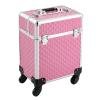 Unnsiapit Rolling Makeup Train Case, L13.4*W9.5*H16.2in Lockable Cosmetic Organizer Box Nail Cart on Wheels, Professional Travel Case with 5 Compartments for Hairstylist Barber Salon, Pink view 1