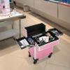 Unnsiapit Rolling Makeup Train Case, L13.4*W9.5*H16.2in Lockable Cosmetic Organizer Box Nail Cart on Wheels, Professional Travel Case with 5 Compartments for Hairstylist Barber Salon, Pink view 2