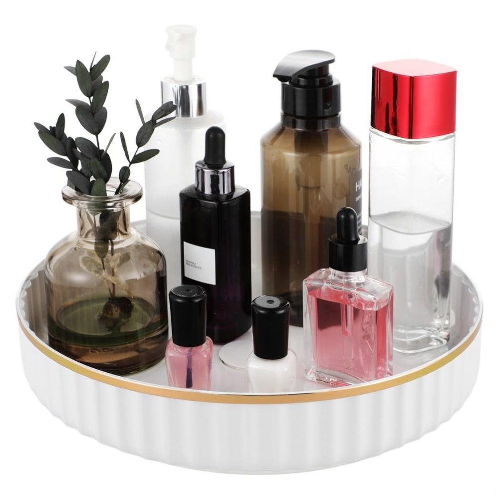 10 Inch Rotating Makeup Organizer Tray, White Plastic Cosmetic Storage, 360 Rotatable Display Holder for Bathroom & Kitchen