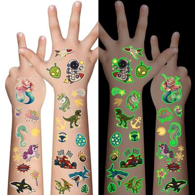 180 PCS Glow in The Dark Tattoos for Kids Boys Girls Luminous Truck Mermaid Unicorn Dinosaur Shark Animal Space Fake Tattoos Stickers for School Show Birthdays Halloween Party Supplies