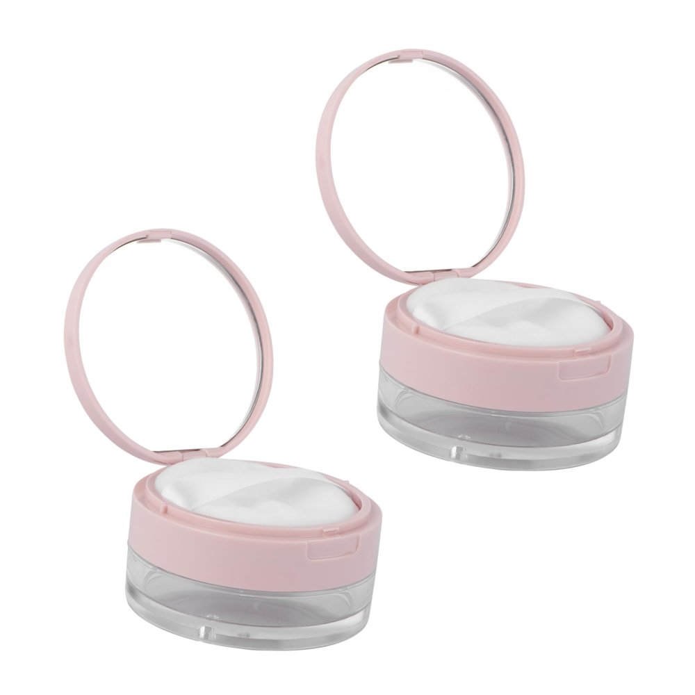2Pcs Portable Makeup Case with Mirror Elastic Mesh Loose Powder Box for Travel Pink Powder Puff Included for Daily Use and