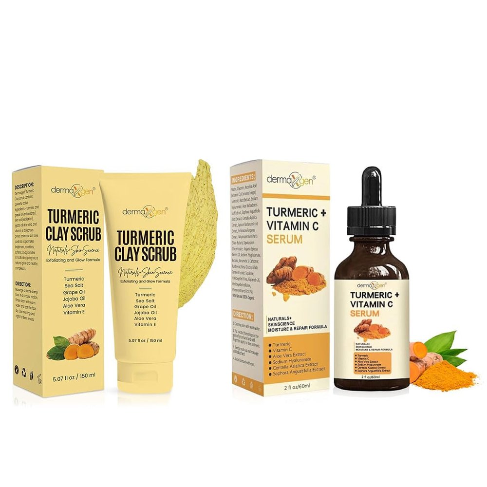 Turmeric Clay Scrub & Turmeric Vitamin C Serum Bundle  Gently Exfoliate, Hydrate & Refresh for a Balanced, Radiant Look  Natural Skincare Duo for All Skin Types  2 FL OZ + Scrub
