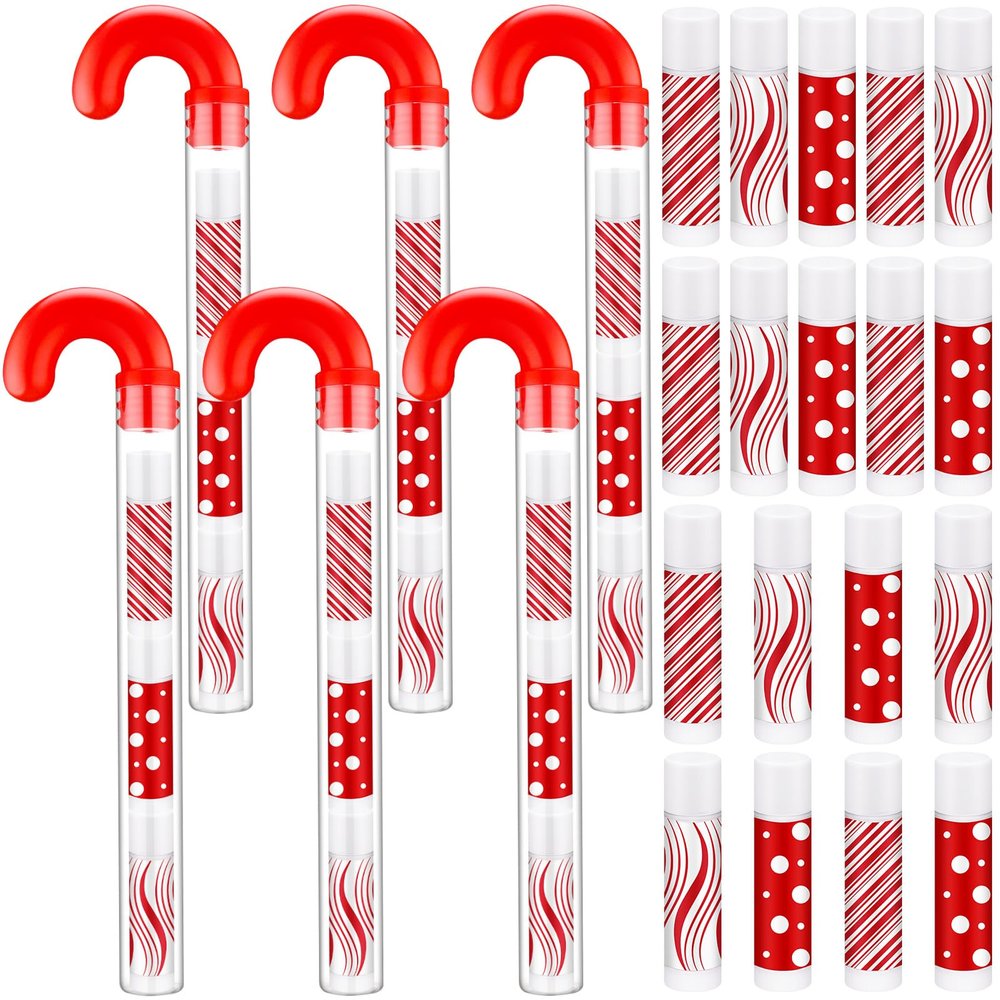 24 Pack Christmas Lip Balm Bulk Peppermint Candy Flavor Lip Balm with Candy Cane Tubes Christmas Party Gifts Stocking Stuffers Holiday Employee Staff Appreciation Gifts for Women(Stylish)