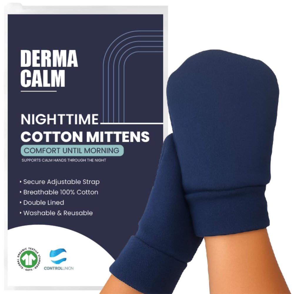 Organic Cotton Eczema Gloves/Mittens for Adults  Anti-Scratch Nighttime Sleeping Gloves with Secure Adjustable Strap  Reusable & Washable  Navy, 1 Pair (S/M/L) (Large)
