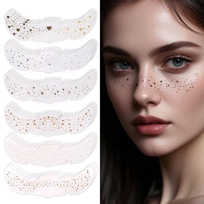 18pcs Holographic Colorful Glitter Face Tattoos Freckles, Waterproof Sparkle Gold Temporary Fake Face Glitter Speckles Patches Cute Star Dot Design Makeup Accessories for Festival Party