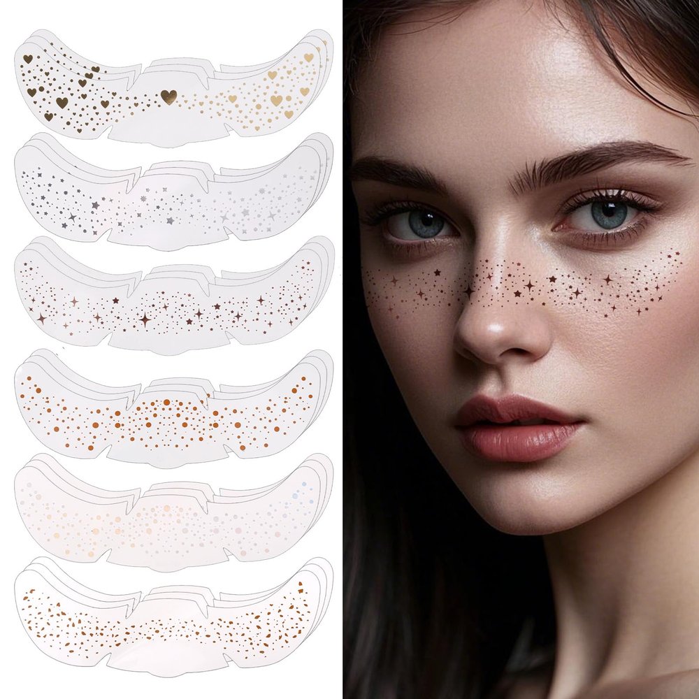 18pcs Holographic Colorful Glitter Face Tattoos Freckles, Waterproof Sparkle Gold Temporary Fake Face Glitter Speckles Patches Cute Star Dot Design Makeup Accessories for Festival Party