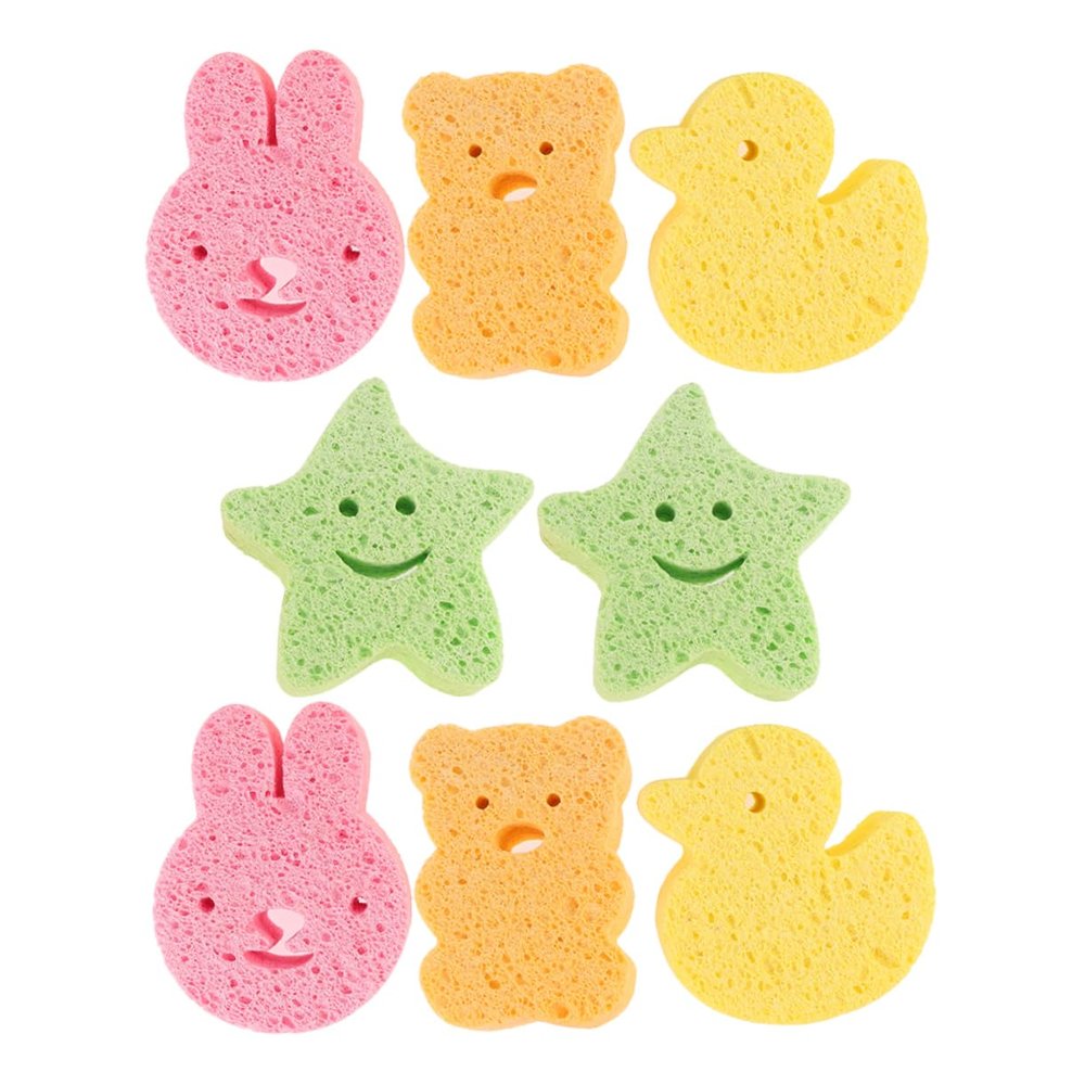 8pcs Cute Bath Sponge Set Natural Wood Pulp Scrubber for Newborns Soft Mild Cleaning Sponges Adorable Animal Designs Duck Bear Rabbit