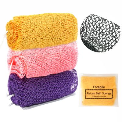 African Net Sponge Authentic 3 Pieces Exfoliating Body Scrubber African Net Sponge with Knots African Exfoliating Net Bath Sponge with Travel Bag (Yellow,Pink,Purple)