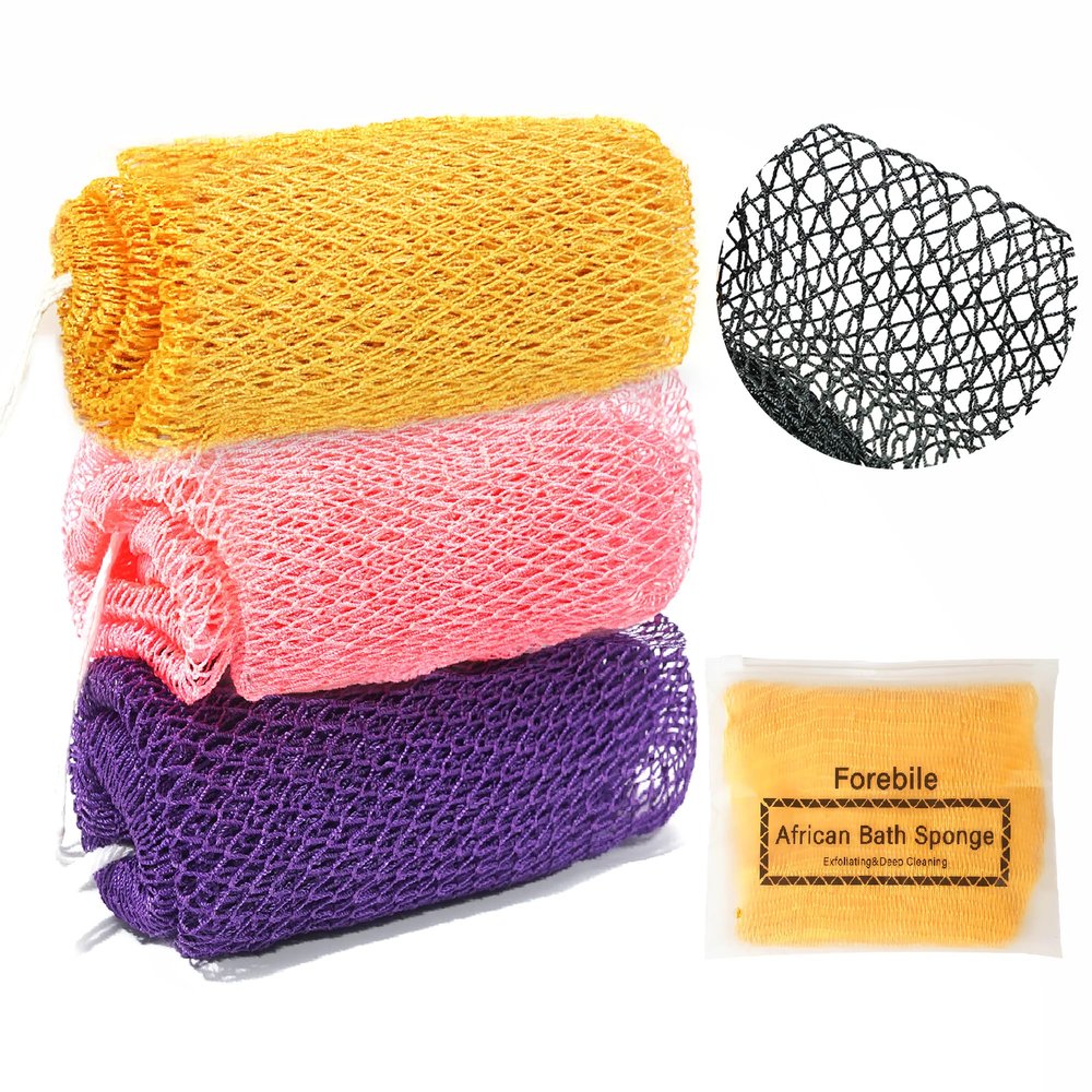 African Net Sponge Authentic 3 Pieces Exfoliating Body Scrubber African Net Sponge with Knots African Exfoliating Net Bath Sponge with Travel Bag (Yellow,Pink,Purple)