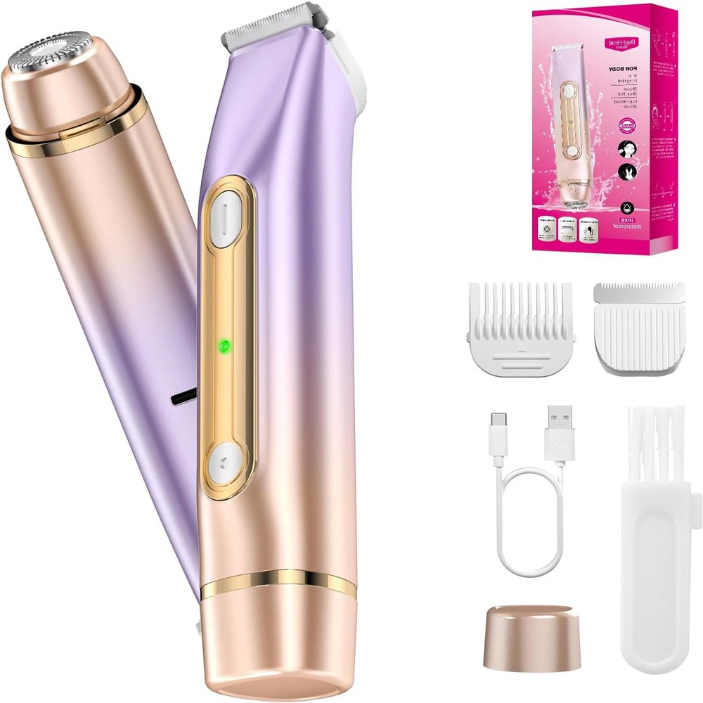 2 in 1 Bikini Trimmer for Women, Dual Head Electric Razor, IPX7 Waterproof Wet/Dry Use Women Electric Shaver, Body Facial Hair Remover for Bikini Underarm Leg Arm Body Face, Rechargeable