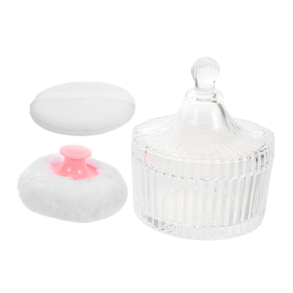 1 Set Makeup Powder Puff with Glass Storage Box Soft Dual Use Applicator with Handle for Foundation Powder Skin Friendly and Comfortable