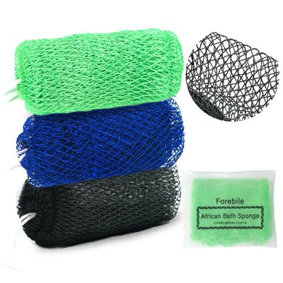 African Net Sponge Authentic 3 Pieces Exfoliating Body Scrubber African Net Sponge with Knots African Exfoliating Net Bath Sponge with Travel Bag (Black,Green,Blue)