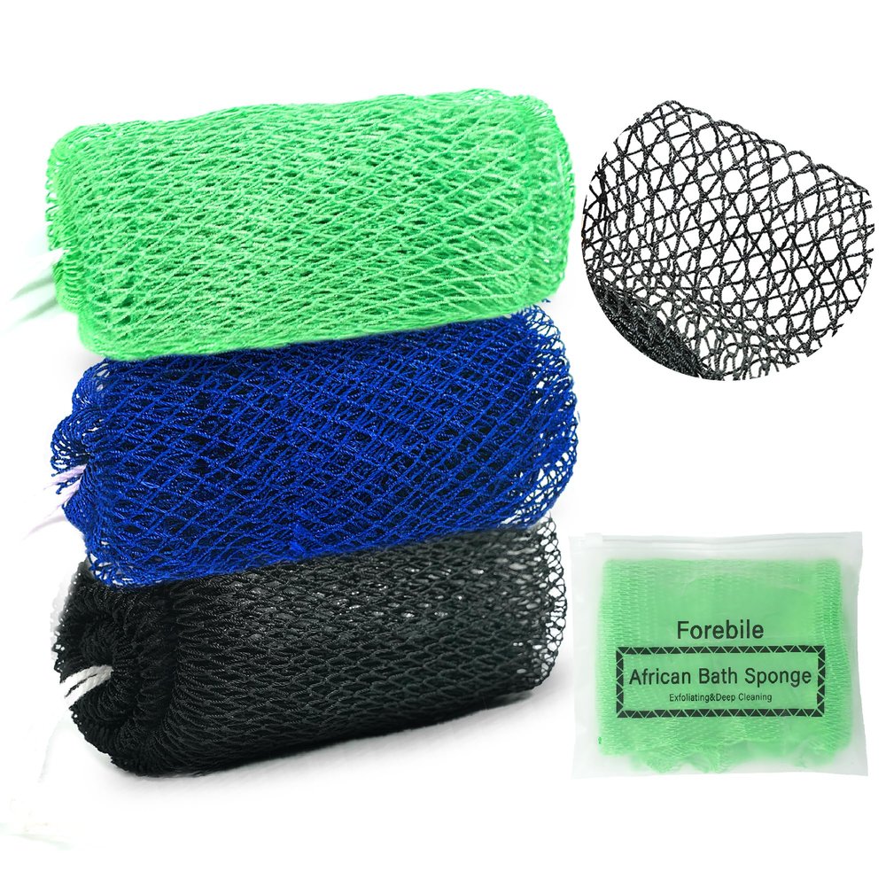 African Net Sponge Authentic 3 Pieces Exfoliating Body Scrubber African Net Sponge with Knots African Exfoliating Net Bath Sponge with Travel Bag (Black,Green,Blue)