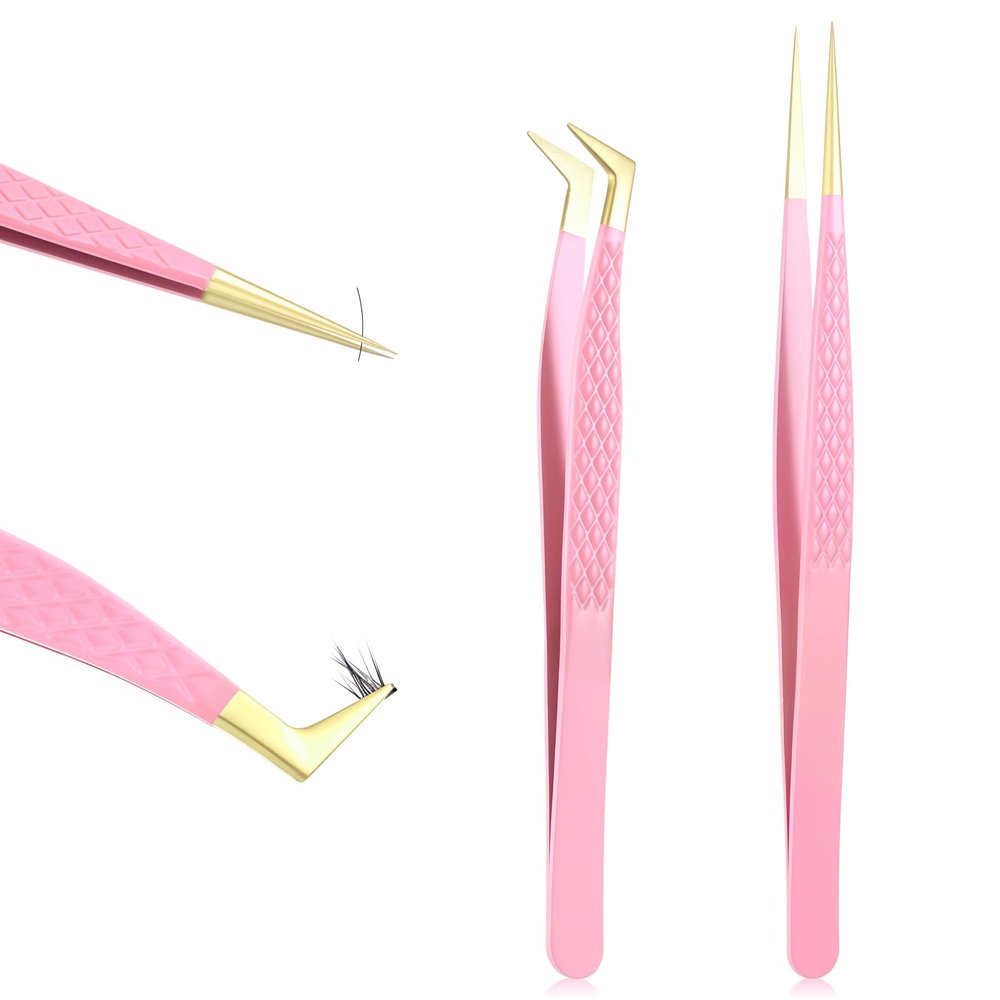 2 PCS Lash Cluster Tweezers Set, Professional Eyelash Extension Tools Fiber Tip Women Lash Eyelash Eyebrow Tweezers with Bent and Straight Tips, Non-Slip Grip for Volume, Classic Lashes (Pink)